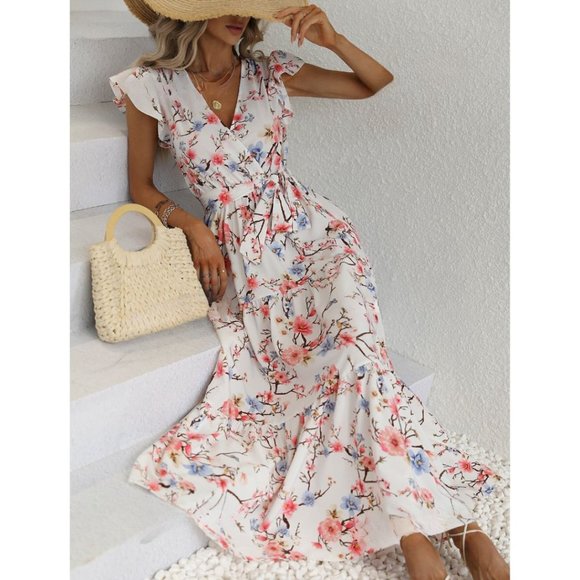 Boho Floral Print Butterfly Sleeve Ruffle Hem Belted Dress - Picture 3 of 8